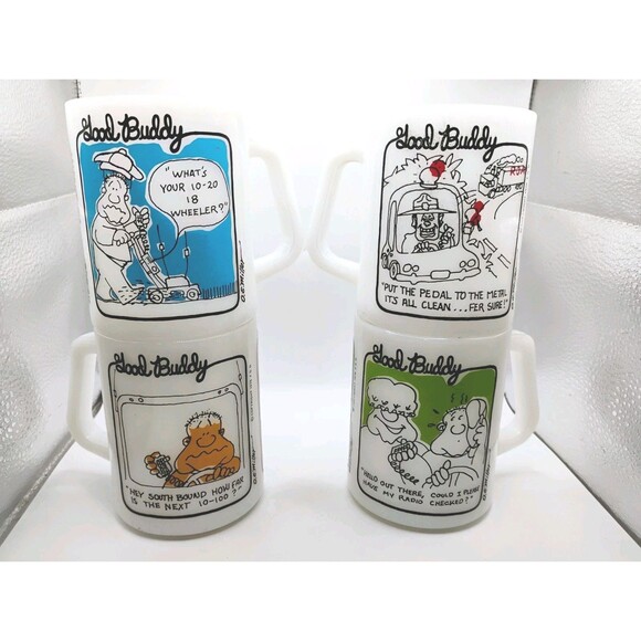 Lot Of 4) Good Buddy Trucker Coffee Cup Mug DE Miller Federal Milk Glass Novelty - Picture 1 of 14